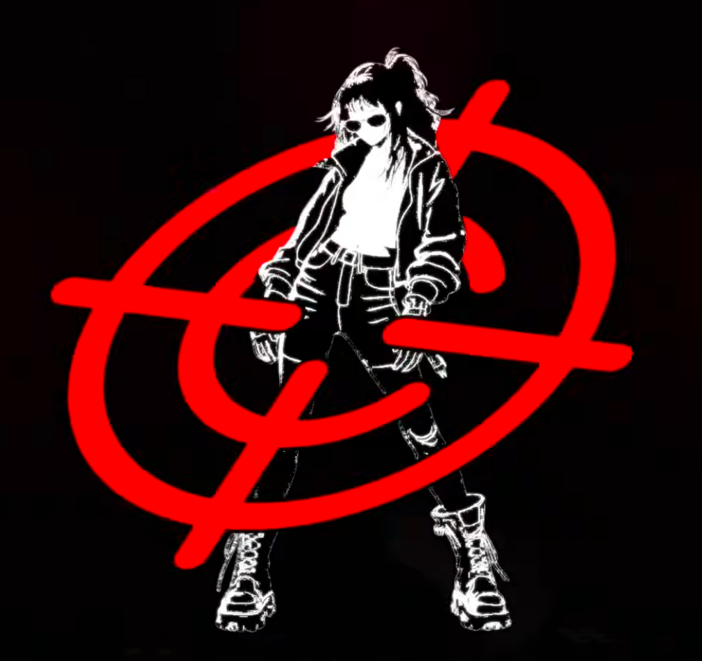 Monochrome character illustration with red orbital marks